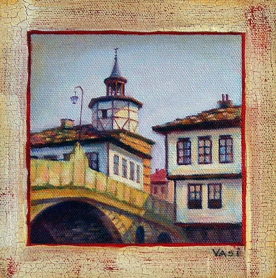 Картина с маслени бои на часовникова кула и стари къщи, в рамка с кракелюр