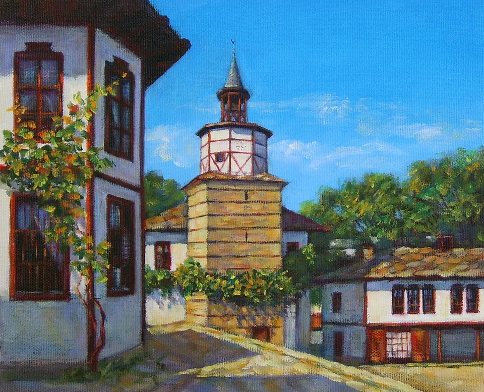 Картина с маслени бои на шестоъгълна часовникова кула над улица в стария град