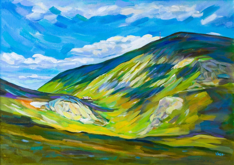 Картина с маслени бои на зелен склон, осеян със светли камъни