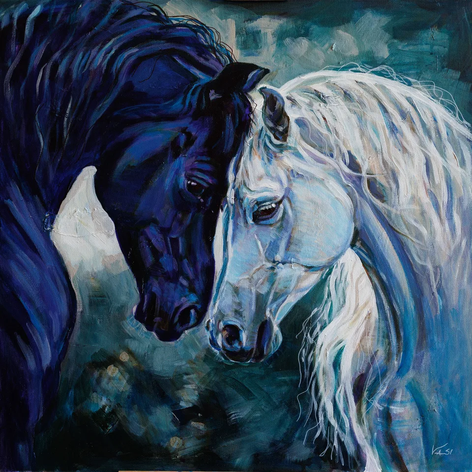 Acrylic painting of two horses, one black and one white
